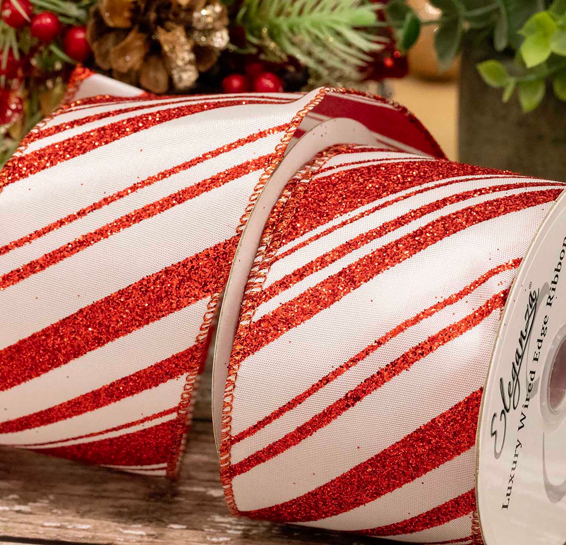 Candy Stripe Glitter Ribbon In 63mm Width With Wired Edge
