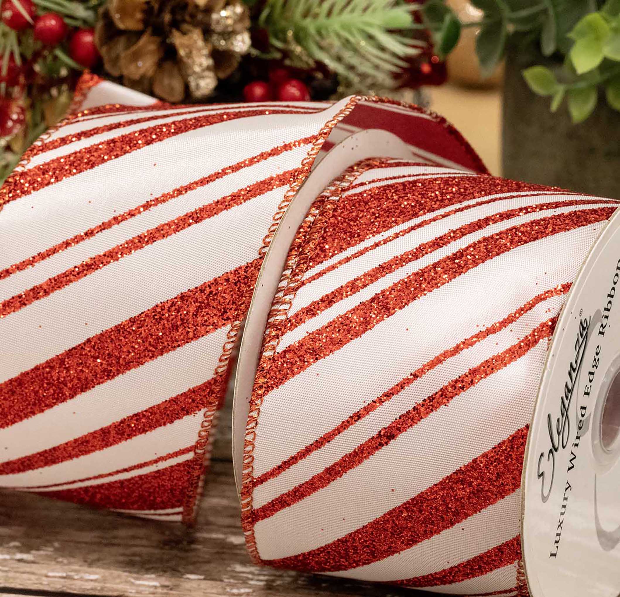 Candy Stripe Glitter Ribbon In 63mm Width With Wired Edge