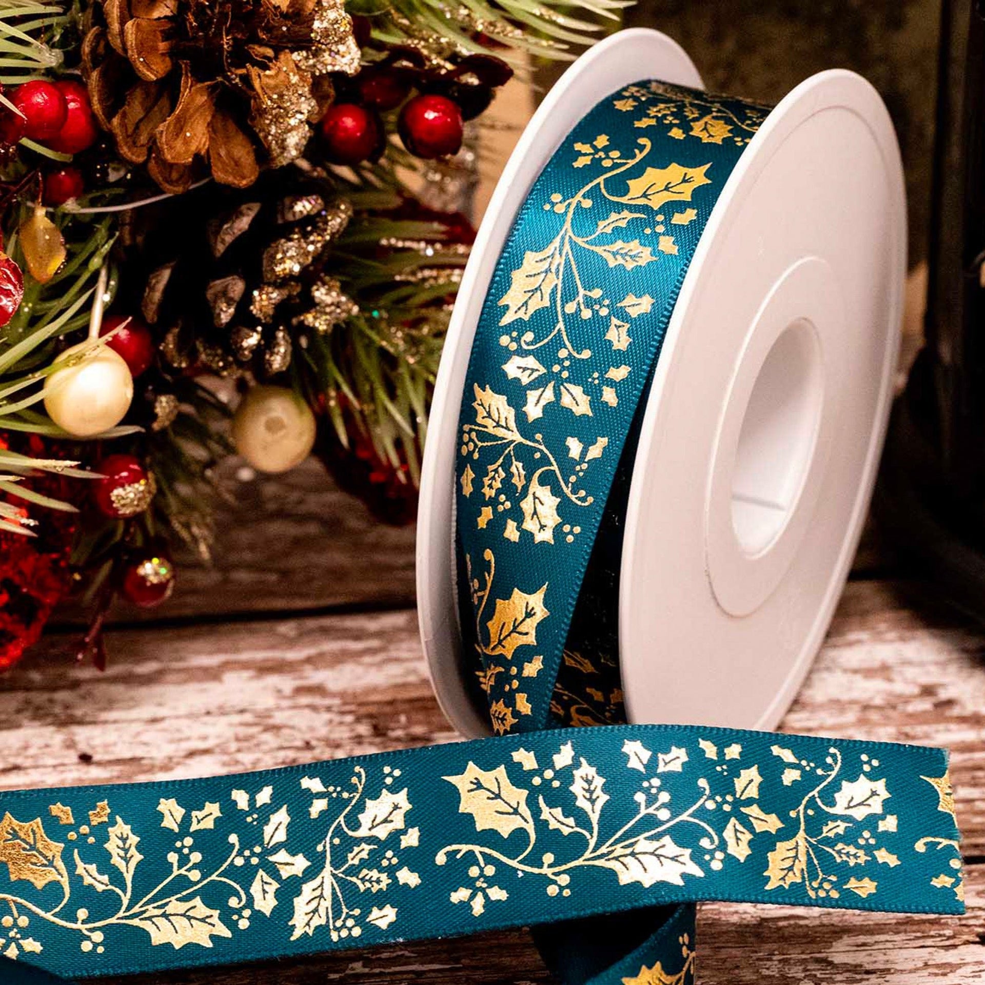 Gold Holly Print Ribbon Turquoise - 25mm