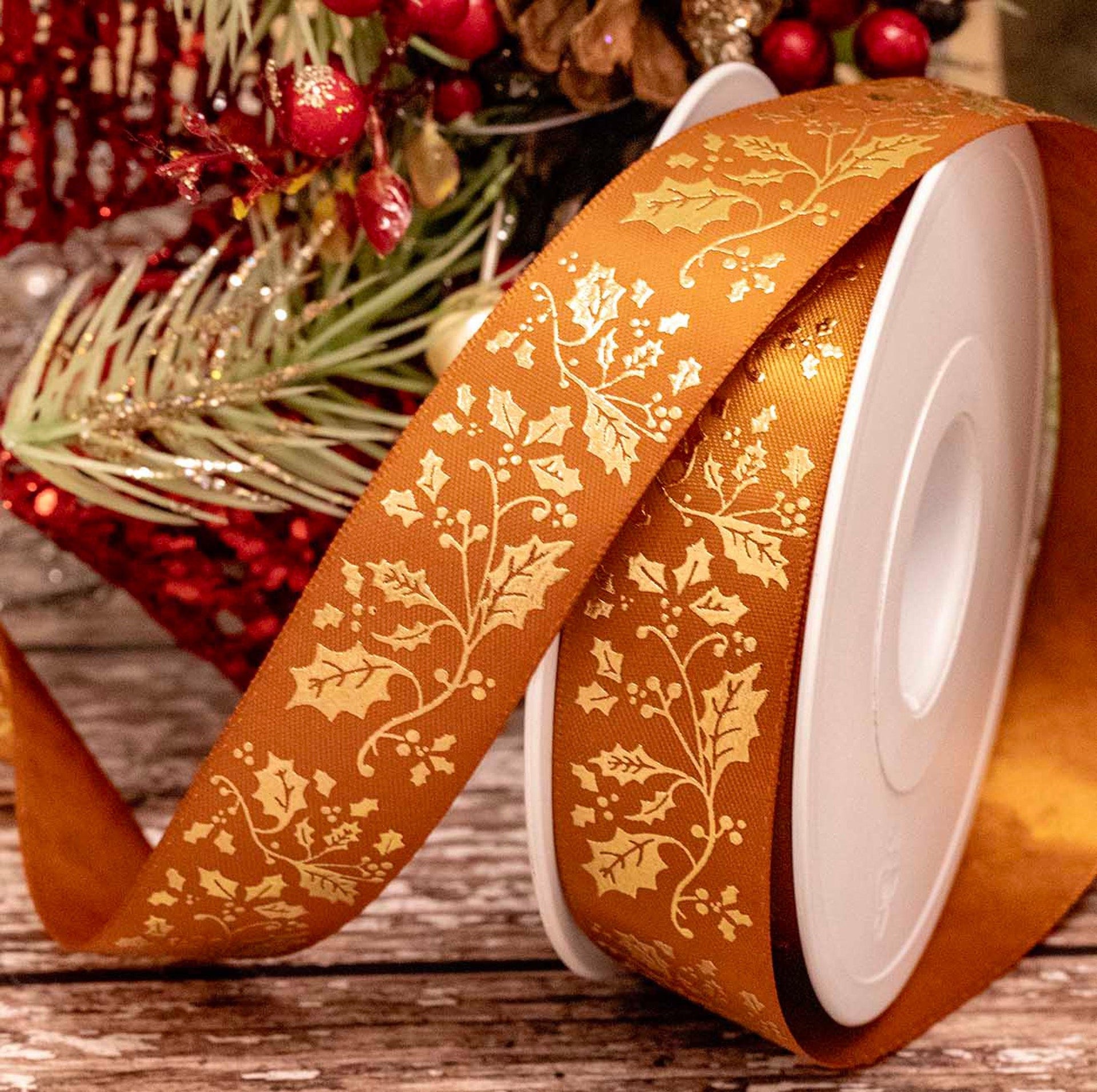 Gold Holly Print Ribbon Bronze - 25mm