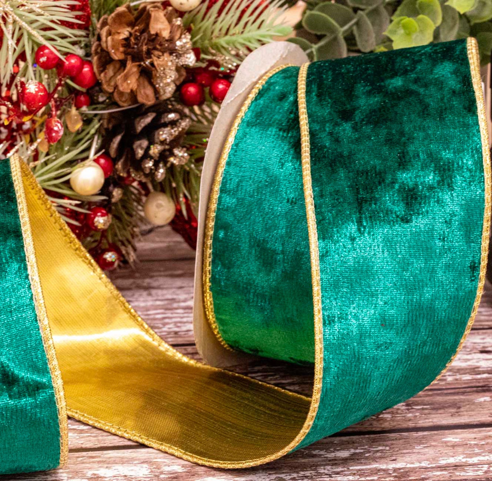 63mm Xmas Green Velvet Ribbon With Wired Edge & Lame Backing