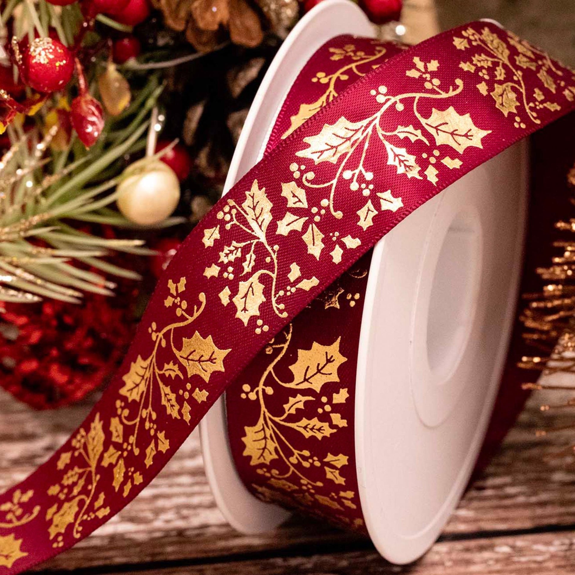 Gold Holly Print Ribbon Wine - 25mm