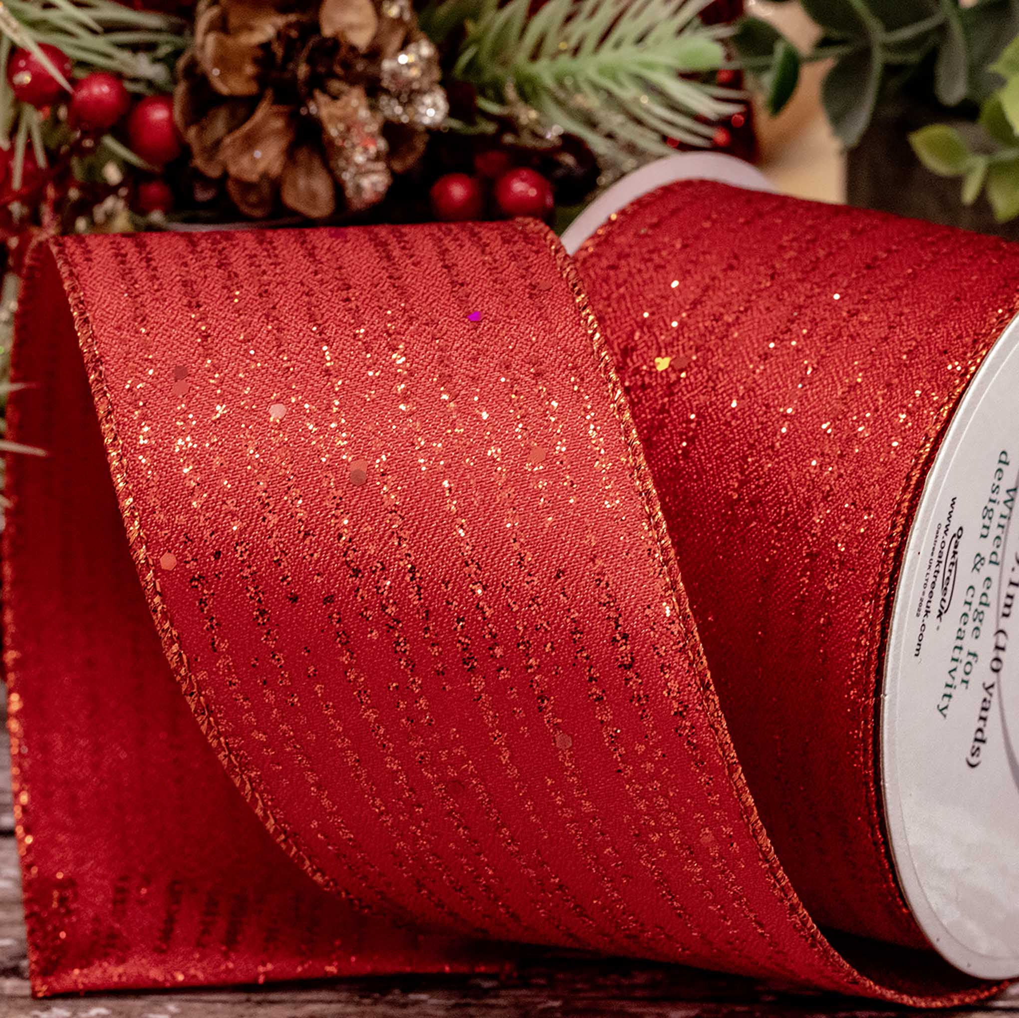Red Shimmer Ribbon In A 63mm Width With Wired Edge
